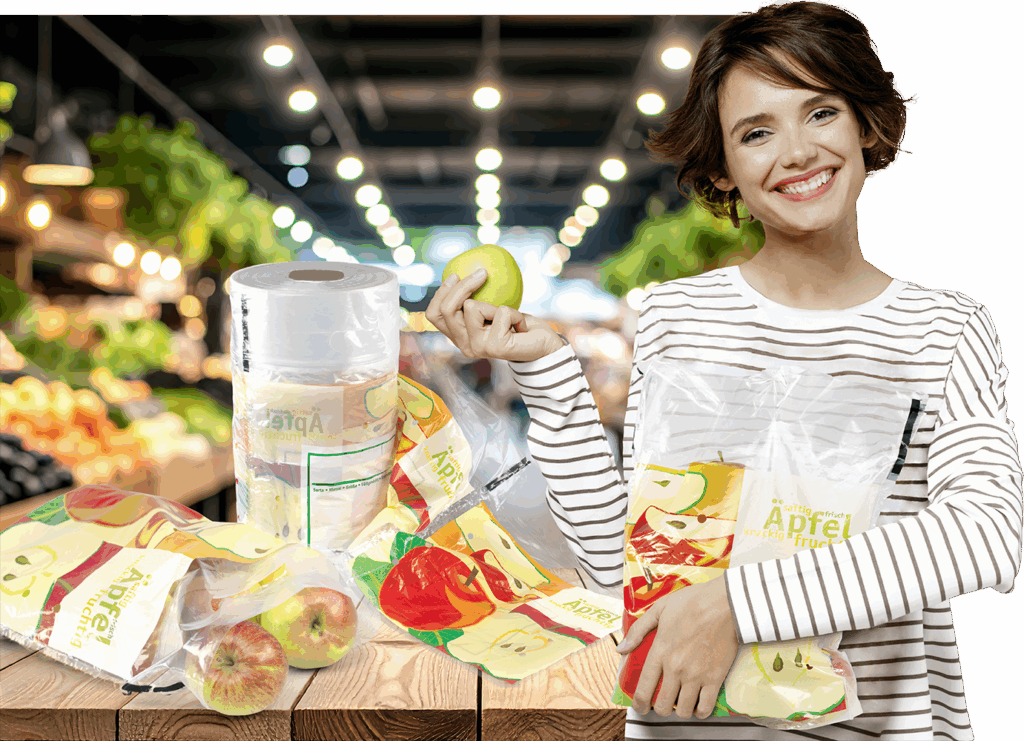 Frau mit Rollenbeutel im Arm und Apfel in der Hand. Im Hintergrund weitere Rollenbeutel.